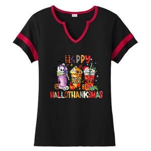 Happy Hallothanksmas Coffee Latte Halloween Thanksgiving Ladies Halftime Notch Neck Tee