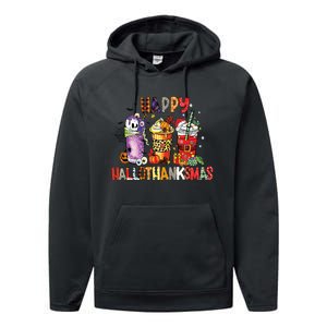 Happy Hallothanksmas Coffee Latte Halloween Thanksgiving Performance Fleece Hoodie