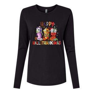 Happy Hallothanksmas Coffee Latte Halloween Thanksgiving Womens Cotton Relaxed Long Sleeve T-Shirt