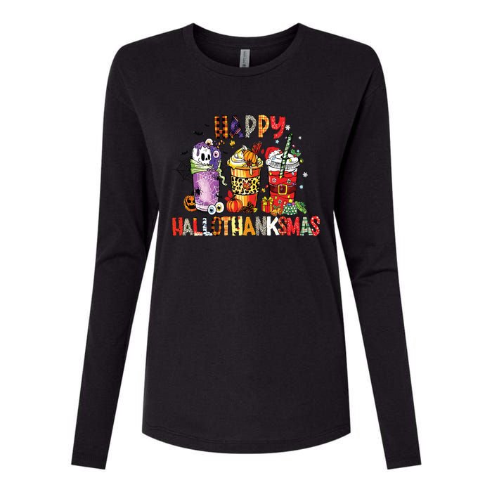 Happy Hallothanksmas Coffee Latte Halloween Thanksgiving Womens Cotton Relaxed Long Sleeve T-Shirt