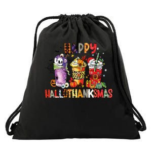 Happy Hallothanksmas Coffee Latte Halloween Thanksgiving Drawstring Bag