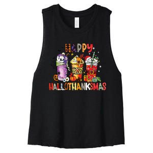 Happy Hallothanksmas Coffee Latte Halloween Thanksgiving Women's Racerback Cropped Tank