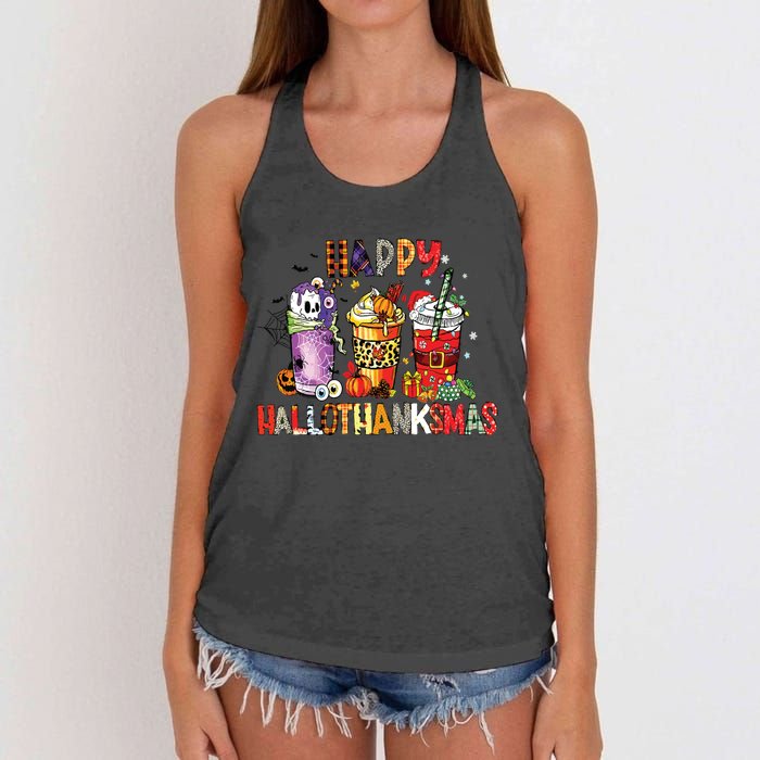 Happy Hallothanksmas Coffee Latte Halloween Thanksgiving Women's Knotted Racerback Tank