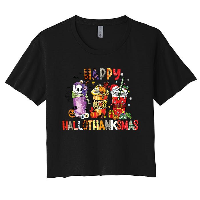 Happy Hallothanksmas Coffee Latte Halloween Thanksgiving Women's Crop Top Tee