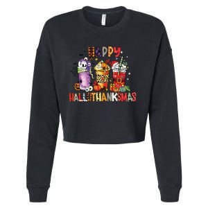 Happy Hallothanksmas Coffee Latte Halloween Thanksgiving Cropped Pullover Crew