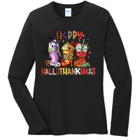 Happy Hallothanksmas Coffee Latte Halloween Thanksgiving Ladies Long Sleeve Shirt