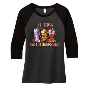 Happy Hallothanksmas Coffee Latte Halloween Thanksgiving Women's Tri-Blend 3/4-Sleeve Raglan Shirt