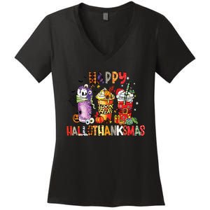 Happy Hallothanksmas Coffee Latte Halloween Thanksgiving Women's V-Neck T-Shirt