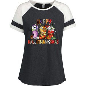 Happy Hallothanksmas Coffee Latte Halloween Thanksgiving Enza Ladies Jersey Colorblock Tee