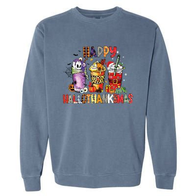 Happy Hallothanksmas Coffee Latte Halloween Thanksgiving Garment-Dyed Sweatshirt