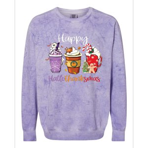 Happy Hallothanksmas Coffee Latte Halloween Thanksgiving Long Sleeve Colorblast Crewneck Sweatshirt