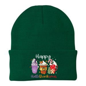 Happy Hallothanksmas Coffee Latte Halloween Thanksgiving Long Sleeve Knit Cap Winter Beanie