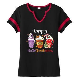 Happy Hallothanksmas Coffee Latte Halloween Thanksgiving Long Sleeve Ladies Halftime Notch Neck Tee