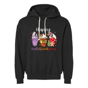 Happy Hallothanksmas Coffee Latte Halloween Thanksgiving Long Sleeve Garment-Dyed Fleece Hoodie