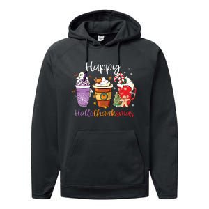 Happy Hallothanksmas Coffee Latte Halloween Thanksgiving Long Sleeve Performance Fleece Hoodie