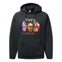 Happy Hallothanksmas Coffee Latte Halloween Thanksgiving Long Sleeve Performance Fleece Hoodie