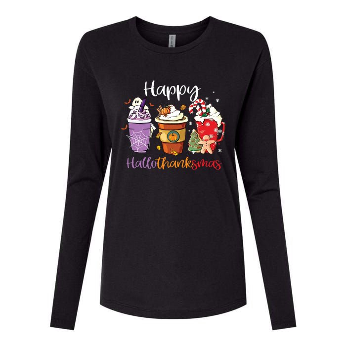 Happy Hallothanksmas Coffee Latte Halloween Thanksgiving Long Sleeve Womens Cotton Relaxed Long Sleeve T-Shirt