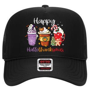 Happy Hallothanksmas Coffee Latte Halloween Thanksgiving Long Sleeve High Crown Mesh Back Trucker Hat