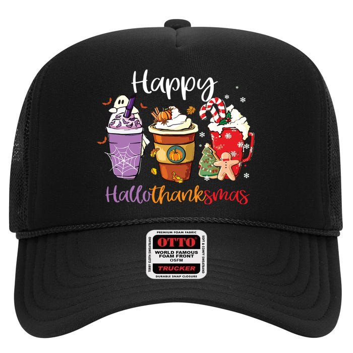 Happy Hallothanksmas Coffee Latte Halloween Thanksgiving Long Sleeve High Crown Mesh Back Trucker Hat