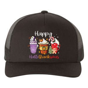 Happy Hallothanksmas Coffee Latte Halloween Thanksgiving Long Sleeve Yupoong Adult 5-Panel Trucker Hat