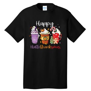 Happy Hallothanksmas Coffee Latte Halloween Thanksgiving Long Sleeve Tall T-Shirt