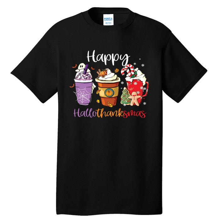 Happy Hallothanksmas Coffee Latte Halloween Thanksgiving Long Sleeve Tall T-Shirt