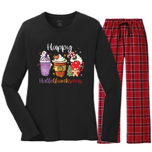 Happy Hallothanksmas Coffee Latte Halloween Thanksgiving Long Sleeve Women's Long Sleeve Flannel Pajama Set 