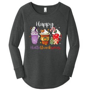 Happy Hallothanksmas Coffee Latte Halloween Thanksgiving Long Sleeve Women's Perfect Tri Tunic Long Sleeve Shirt