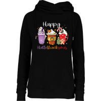 Happy Hallothanksmas Coffee Latte Halloween Thanksgiving Long Sleeve Womens Funnel Neck Pullover Hood