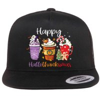 Happy Hallothanksmas Coffee Latte Halloween Thanksgiving Long Sleeve Flat Bill Trucker Hat