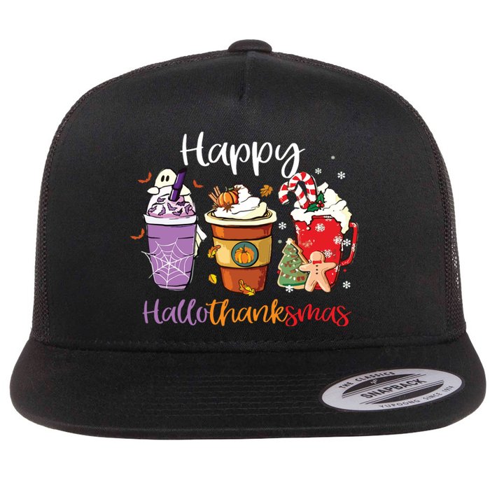 Happy Hallothanksmas Coffee Latte Halloween Thanksgiving Long Sleeve Flat Bill Trucker Hat