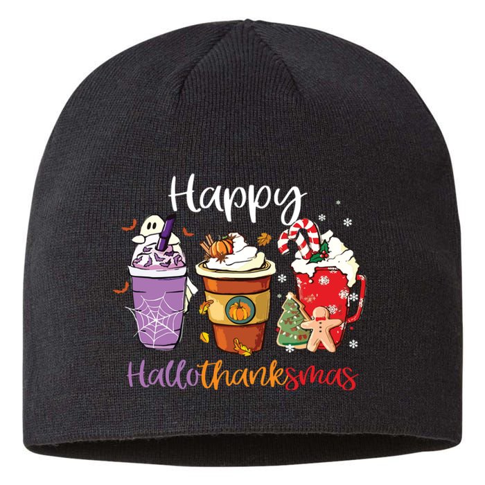 Happy Hallothanksmas Coffee Latte Halloween Thanksgiving Long Sleeve Sustainable Beanie