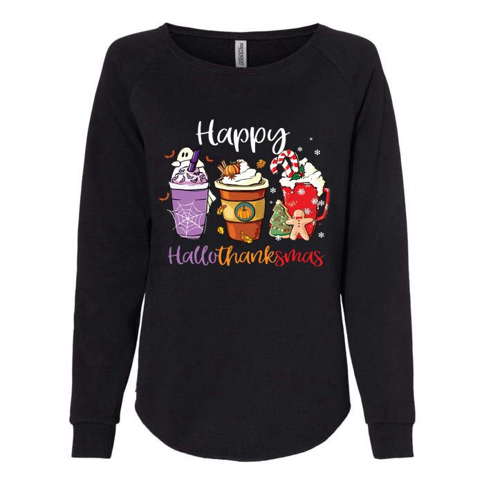 Happy Hallothanksmas Coffee Latte Halloween Thanksgiving Long Sleeve Womens California Wash Sweatshirt