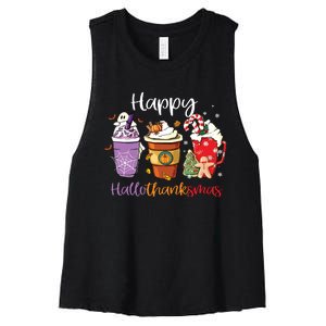 Happy Hallothanksmas Coffee Latte Halloween Thanksgiving Long Sleeve Women's Racerback Cropped Tank