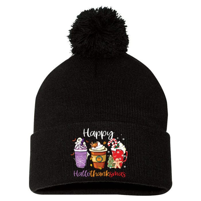 Happy Hallothanksmas Coffee Latte Halloween Thanksgiving Long Sleeve Pom Pom 12in Knit Beanie