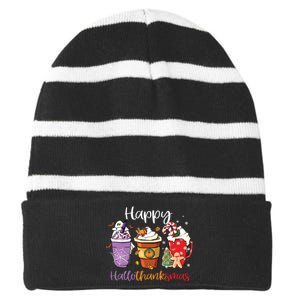 Happy Hallothanksmas Coffee Latte Halloween Thanksgiving Long Sleeve Striped Beanie with Solid Band