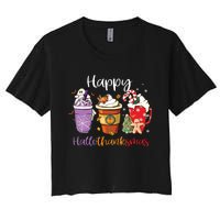 Happy Hallothanksmas Coffee Latte Halloween Thanksgiving Long Sleeve Women's Crop Top Tee