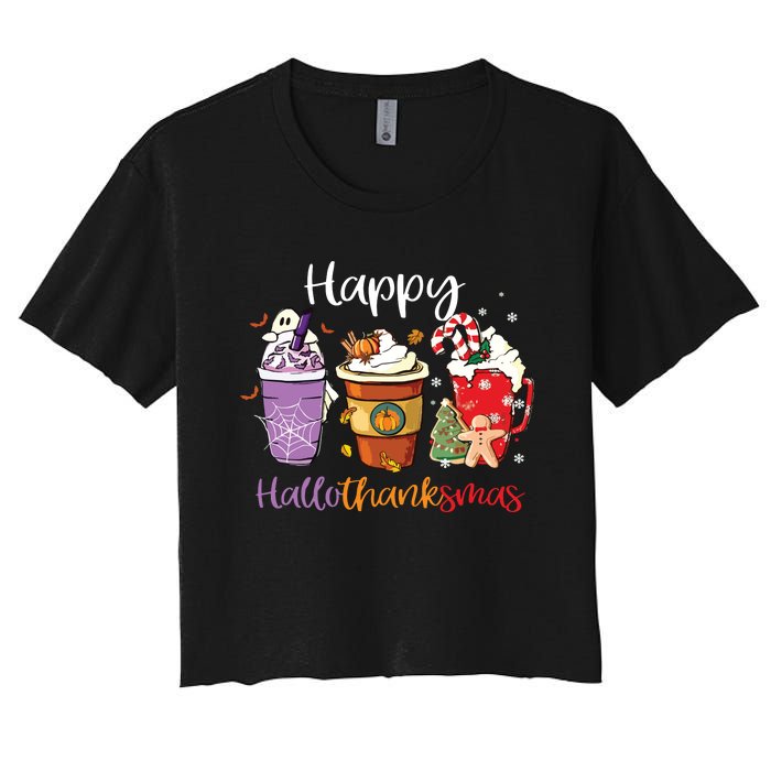 Happy Hallothanksmas Coffee Latte Halloween Thanksgiving Long Sleeve Women's Crop Top Tee