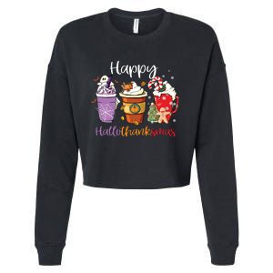 Happy Hallothanksmas Coffee Latte Halloween Thanksgiving Long Sleeve Cropped Pullover Crew