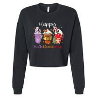 Happy Hallothanksmas Coffee Latte Halloween Thanksgiving Long Sleeve Cropped Pullover Crew