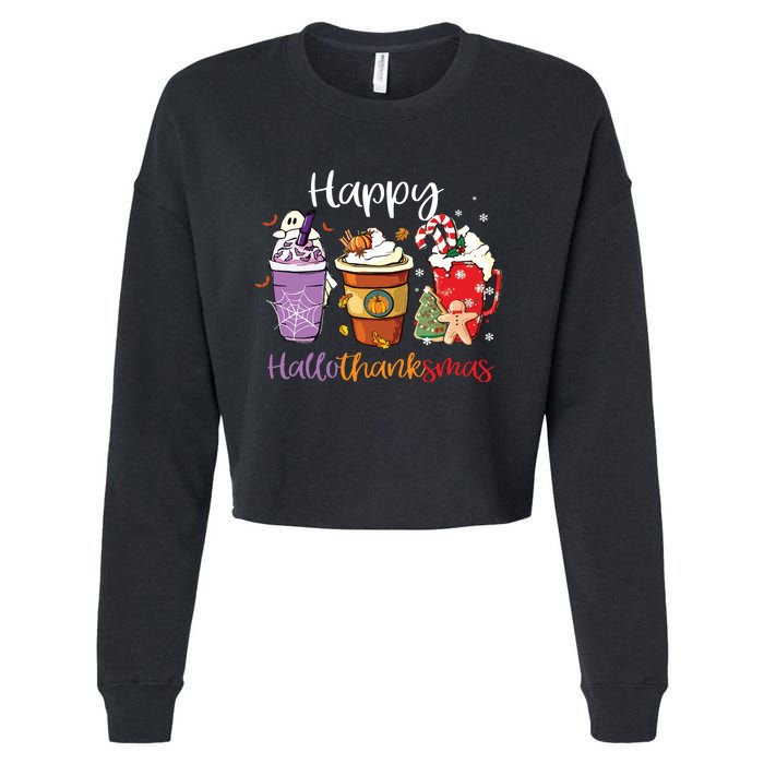 Happy Hallothanksmas Coffee Latte Halloween Thanksgiving Long Sleeve Cropped Pullover Crew