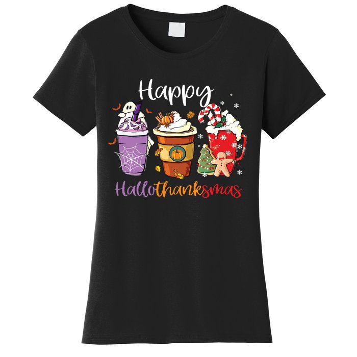 Happy Hallothanksmas Coffee Latte Halloween Thanksgiving Long Sleeve Women's T-Shirt