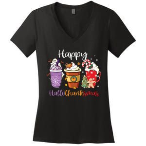 Happy Hallothanksmas Coffee Latte Halloween Thanksgiving Long Sleeve Women's V-Neck T-Shirt