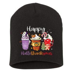 Happy Hallothanksmas Coffee Latte Halloween Thanksgiving Long Sleeve Short Acrylic Beanie