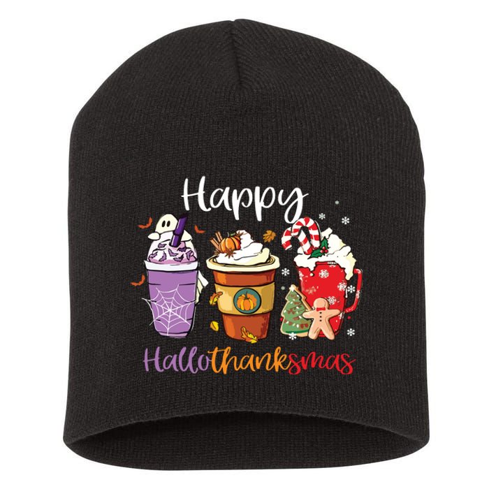 Happy Hallothanksmas Coffee Latte Halloween Thanksgiving Long Sleeve Short Acrylic Beanie