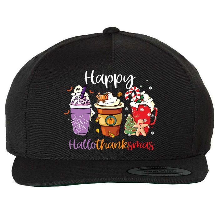 Happy Hallothanksmas Coffee Latte Halloween Thanksgiving Long Sleeve Wool Snapback Cap