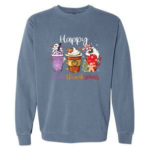 Happy Hallothanksmas Coffee Latte Halloween Thanksgiving Long Sleeve Garment-Dyed Sweatshirt