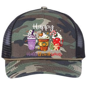 Happy Hallothanksmas Coffee Latte Halloween Thanksgiving Long Sleeve Retro Rope Trucker Hat Cap