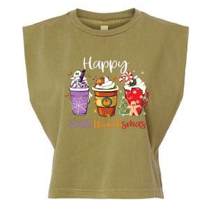 Happy Hallothanksmas Coffee Latte Halloween Thanksgiving Long Sleeve Garment-Dyed Women's Muscle Tee