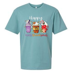 Happy Hallothanksmas Coffee Latte Halloween Thanksgiving Long Sleeve Sueded Cloud Jersey T-Shirt